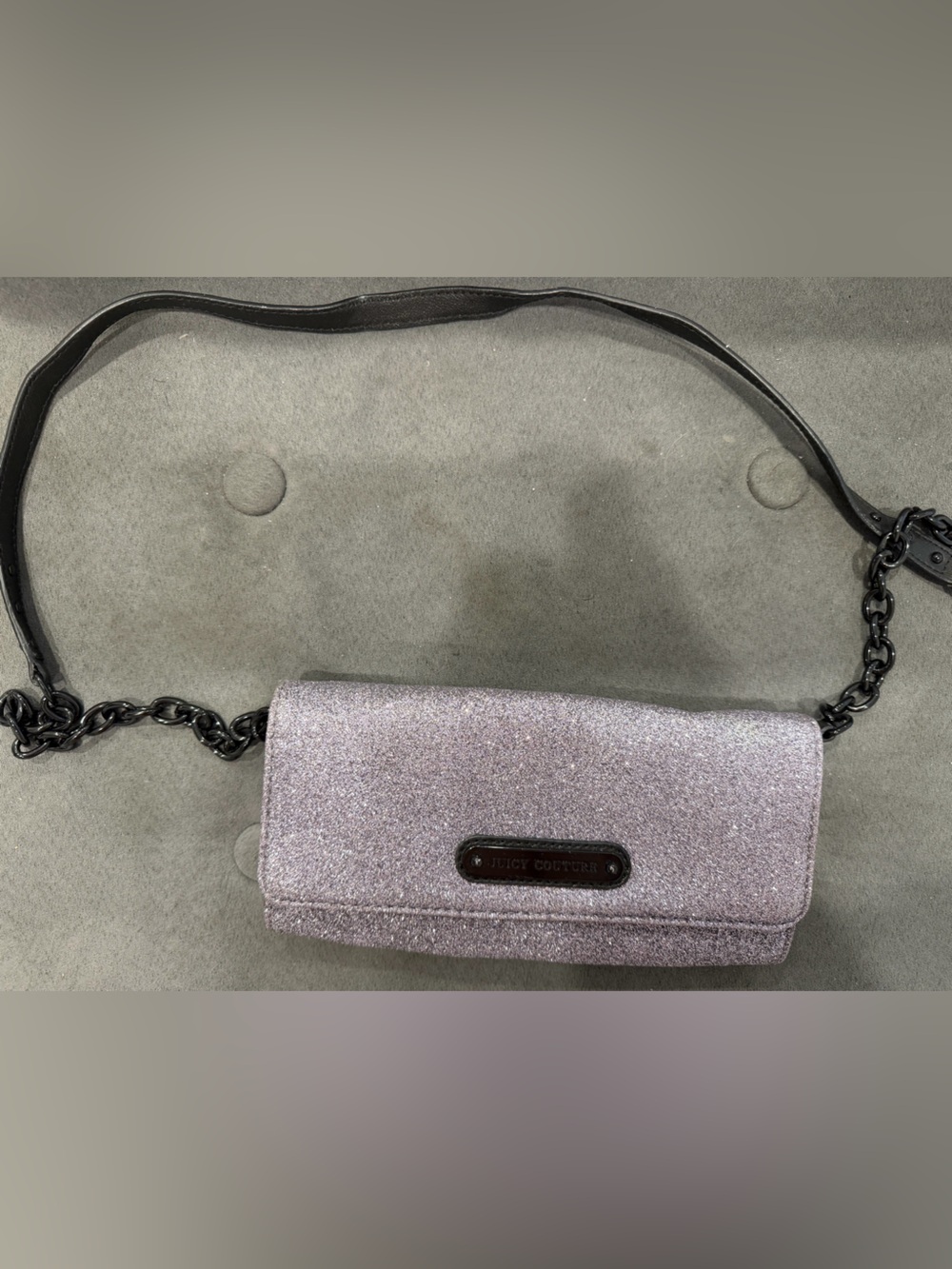 Vintage Juicy Couture Silver Glitter Clutch Bag with Removable Black Chain Strap